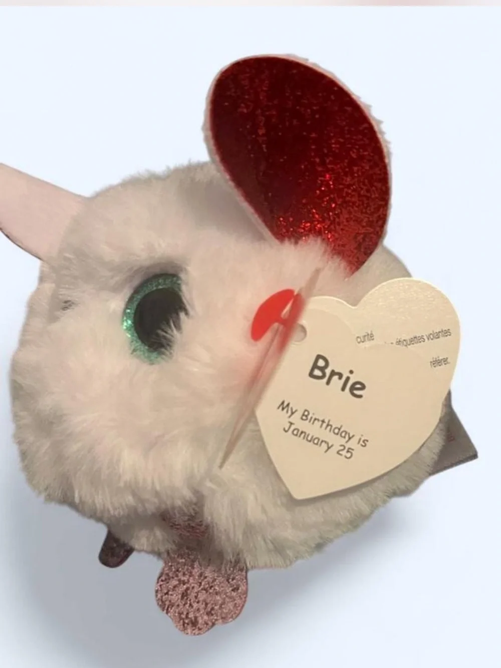 Ty White Fluffy Beanie Boo Brie with red Sparkle Ears and pink Feet